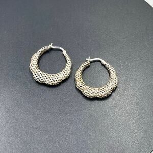 Designer Signed Sterling Silver Diamond Cut Scalloped Thailand Hoop Earrings
